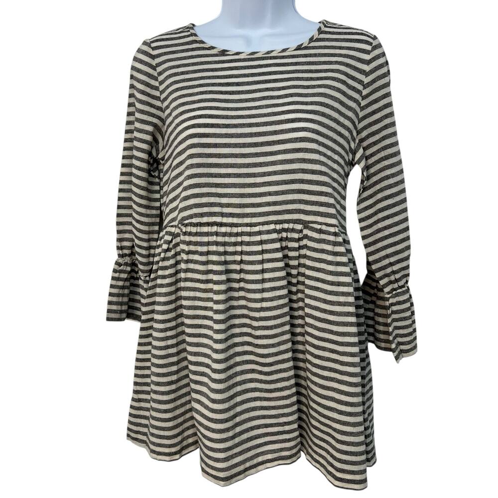 POL Babydoll Gray White Striped Ruffle Flowy Dress 3/4 SLeeves Size Small NWOT